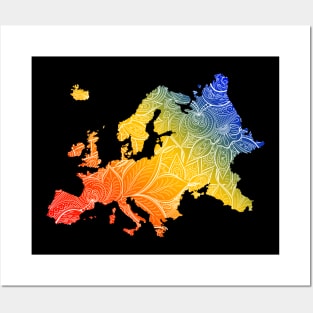 Colorful mandala art map of Europe with text in blue, yellow, and red Posters and Art